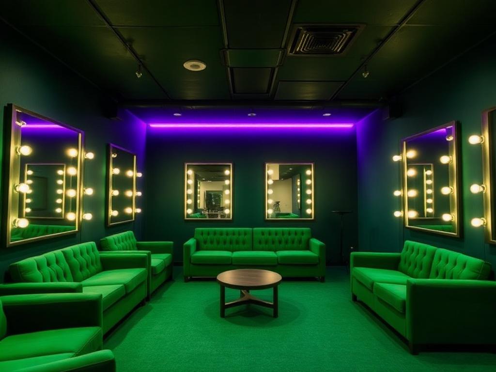 Backstage green room with lighted mirrors and lounge seating for performing artists