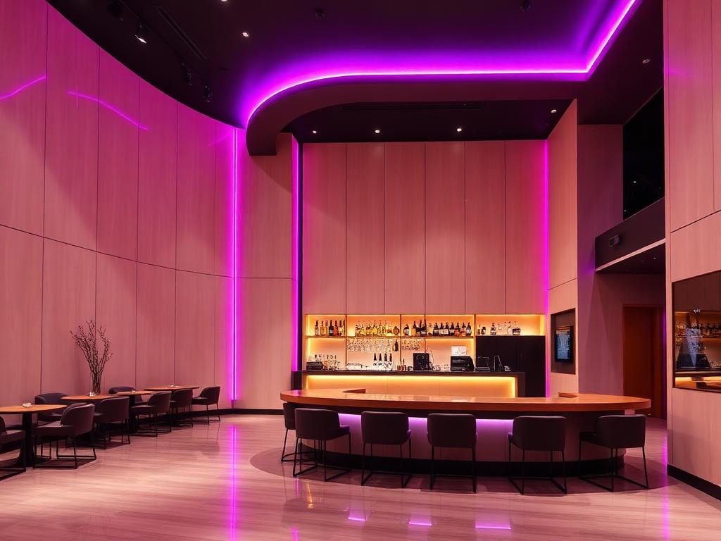 Modern venue lobby and bar area with warm lighting and violet accent strips