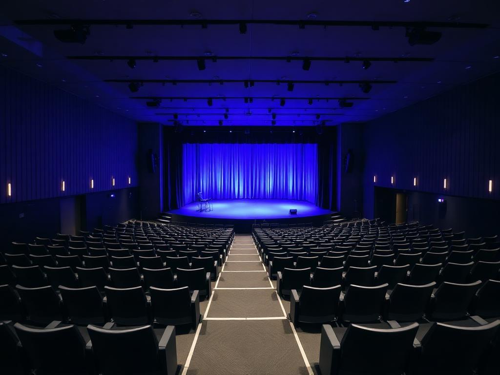 Rows of dark seating facing the illuminated stage inside the Atlanta venue