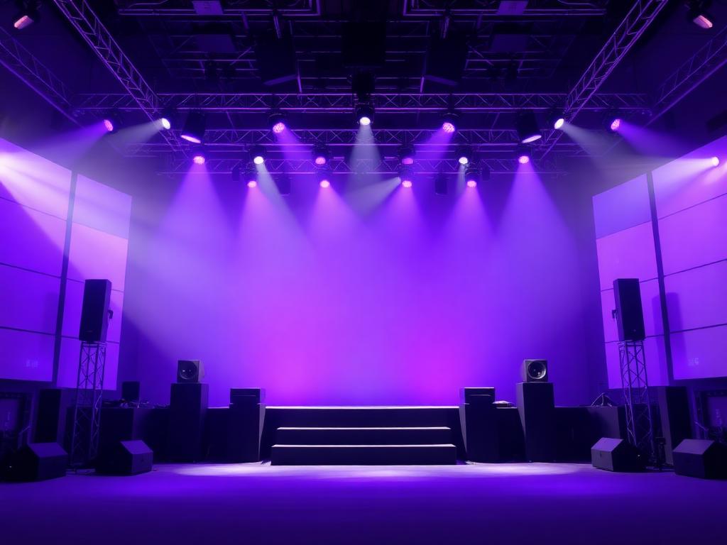 Empty concert stage at The Atlanta Concert Hall washed in violet stage lighting with line array speakers